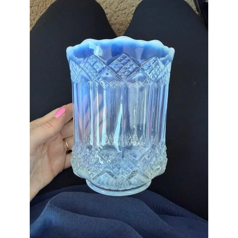 Mosser White Ice Blue Opalescent Glass Celery Vase Spooner